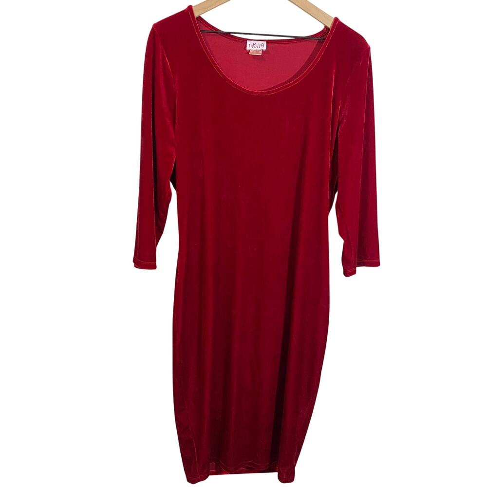 Vintage Red Crushed Velvet Bodycon Midi Dress Long Sleeves Plus Size 2X/3X